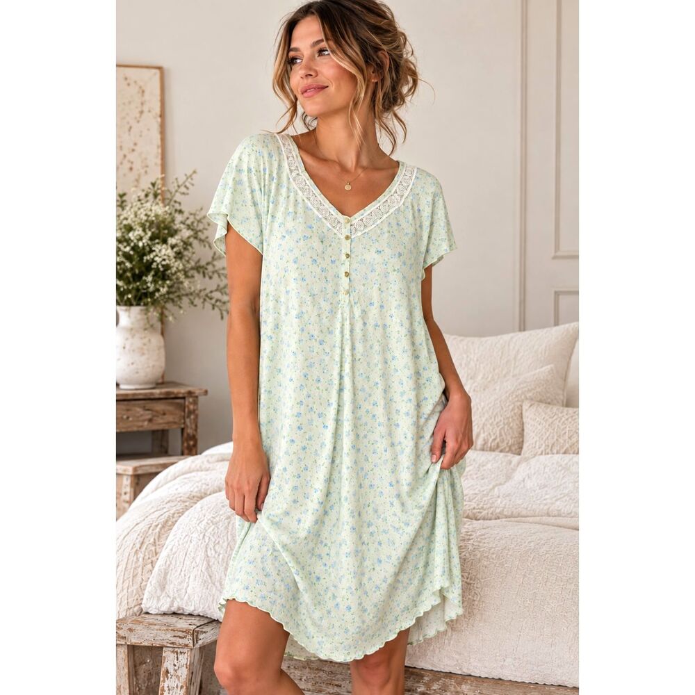 Vintage 1960s–70s Floral Nightgown Mint Green Blue Lace Button Front